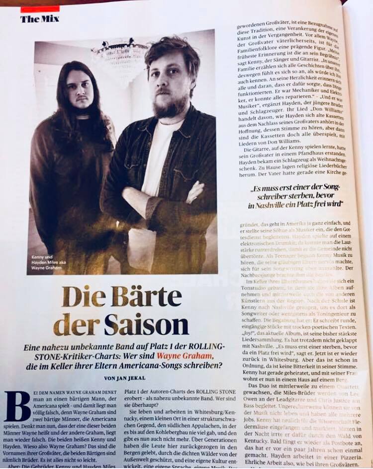 The magazine page from the Rolling Stone Germany feature on Wayne Graham, an appalachian band based in whitesburg, kentucky.