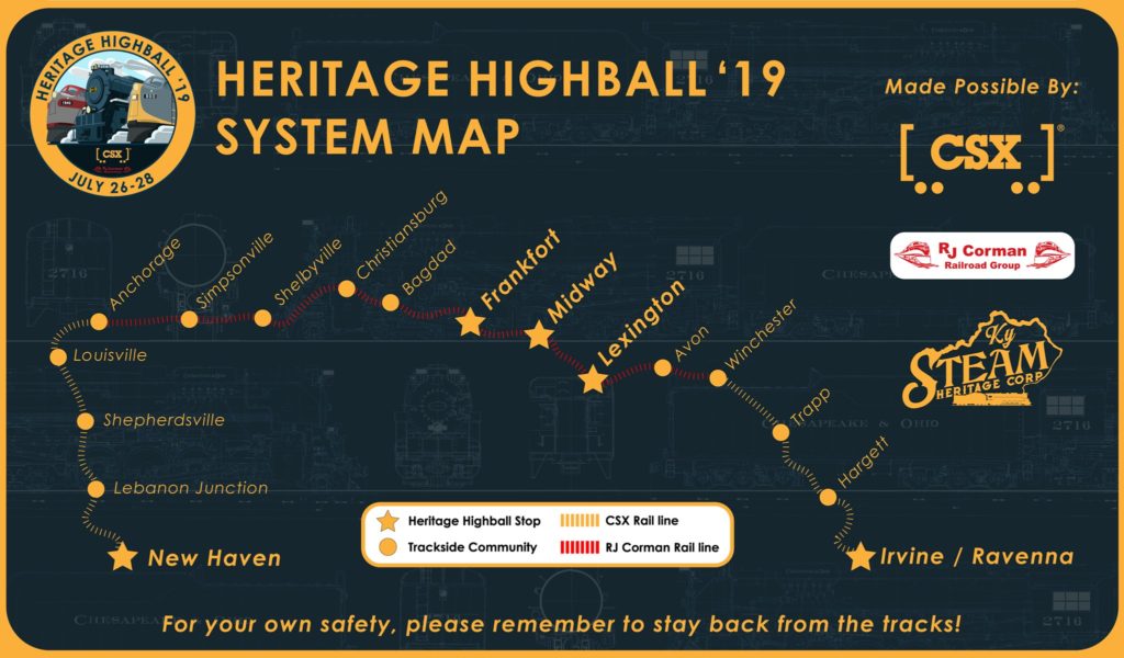 A map shows the stops made by Engine 2719 as it traveled across kentucky to its final stop in estill county at the new railroad center