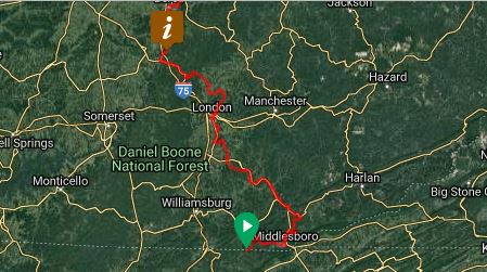 A map of route 21 showing the cycling trail that runs through eastern kentucky from middlesboro through london and beyond.