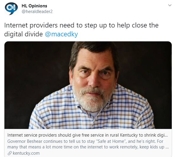 Screenshot of Peter Hille's opinion piece on digital divides and broadband access in Eastern Kentucky.