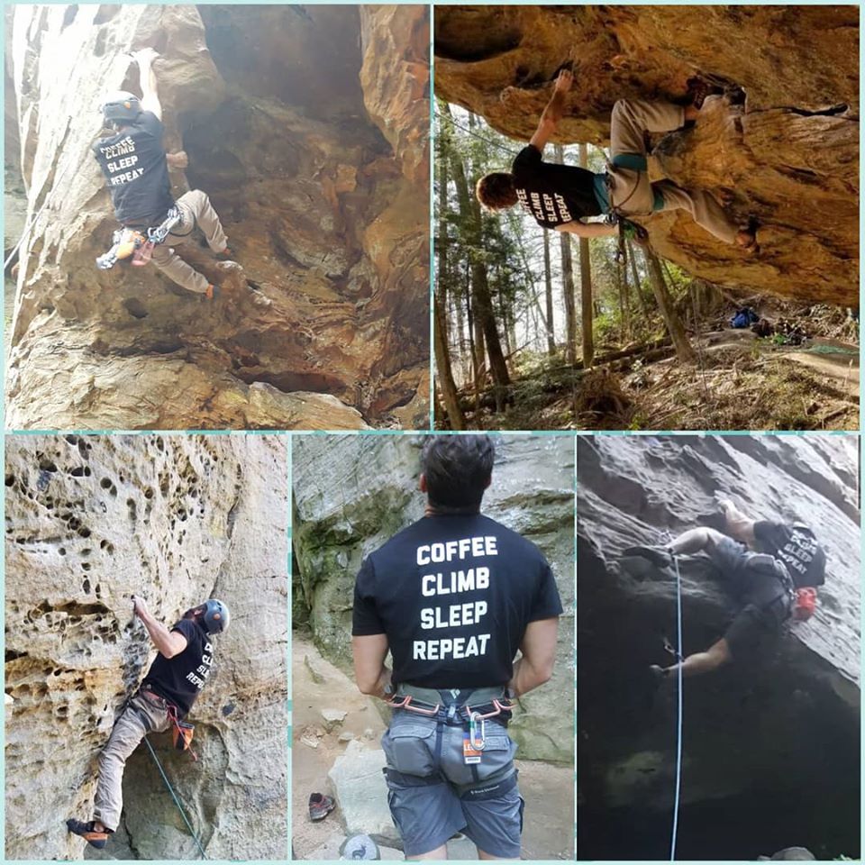 A rockclimber climbs in the Red River Gorge. Climbers and others love getting their coffee at Daniel Boone Coffee Shop in Slade, Kentucky. 