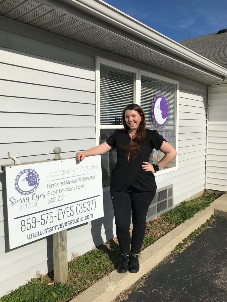 Jacequlyn abrams stands in front of her salon in berea, kentucky. She owns starry eyes studio where clients come for permanent make up