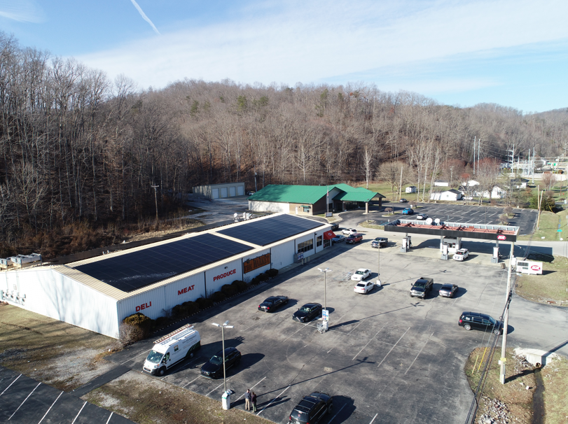 an aerial view of the market at frenchburg market and the solar panels