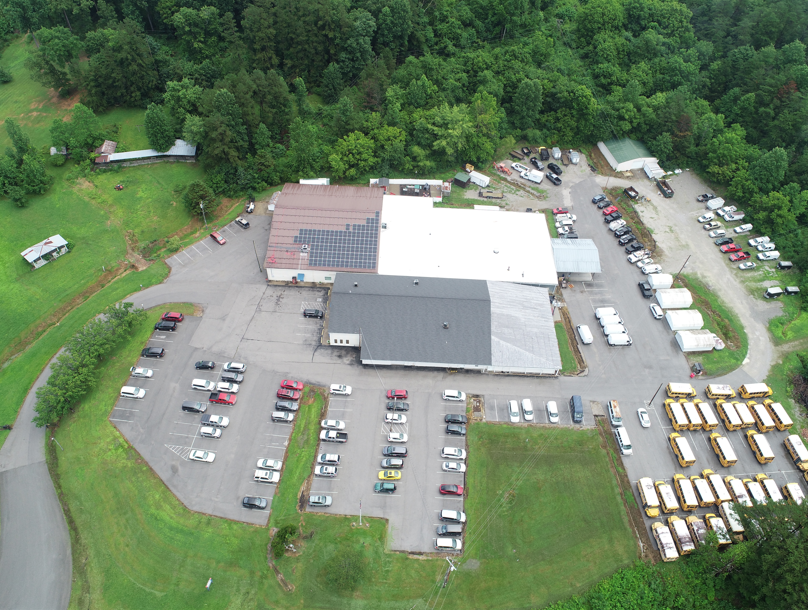 An aerial view of the KCEOC campus and the solar on the attached emergency support center