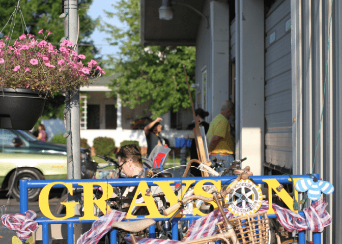 Bikes outside of Grayson Art Gallery in grayson, kentucky. Racks are a collaboration between the Gallery, the Grayson Rotary Club and the Carter County Career and Technical Center.