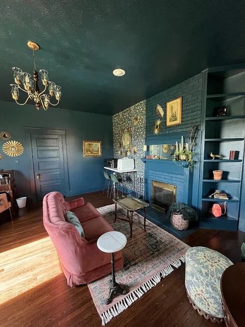 The parlor is uniquely decorated with vintage items